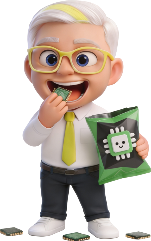 TechSnack mascot holding a bag of chips